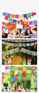 Banderines mexicanos de papel picado en varios escenarios de fiesta