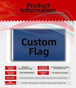 Specifications for custom 90x150cm polyester flag with copper buckles for hanging.