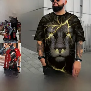 Men's black 3D digital print T-shirt with a majestic lightning lion head graphic