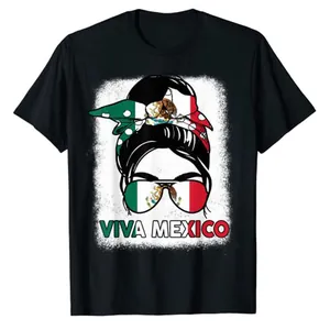 Detailed graphic print of Mexican flag elements and Viva Mexico on black cotton T-shirt