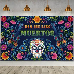 Vibrant Dia de los Muertos banner decoration with sugar skull and marigold flowers
