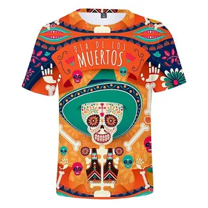 Men's 3D Printed Dia De Los Muertos Sugar Skull T-Shirt Summer Casual Short Sleeve Round Neck Polyester Top