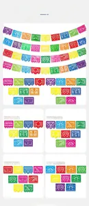 Vista detallada de banderines mexicanos Papel Picado en varios estilos y colores.
