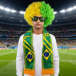 Brazil fan set with yellow-green afro wig, sunglasses, and flag scarf in a stadium