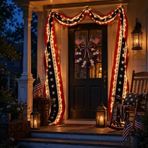 Festive USA Independence Day lighted banner and wreath set for patriotic front porch decor