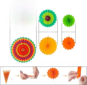 Size chart and assembly guide for colorful Mexican Fiesta themed paper fan decorations