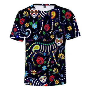 Detailed close-up view of 3D printed Dia de los Muertos sugar skull cat skeleton t-shirt design
