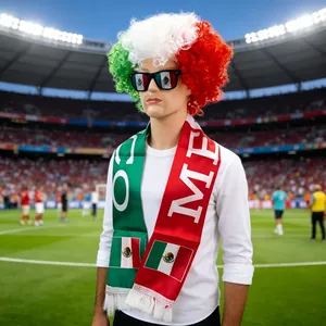 Mexican flag fan set with tri-color afro wig, scarf, and sunglasses for World Cup