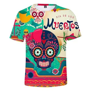 Detailed view of Day of the Dead graphic print on a festive Mexican sugar skull T-shirt