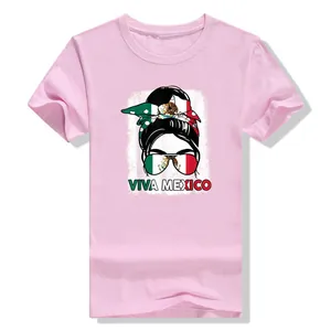 Detailed view of pink cotton T-shirt featuring Viva Mexico graphic print and flag design