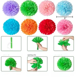Step-by-step assembly guide for 8-inch colorful paper pom poms party decorations
