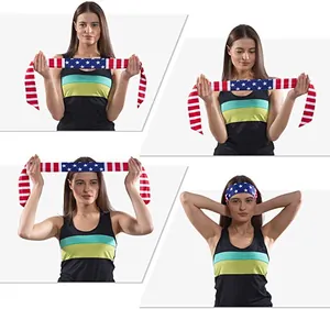 A detailed view showing how to wear the US flag pattern elastic sports headband for workout