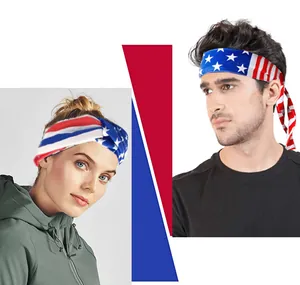 Close-up view of patriotic American flag sport headband worn by male and female models
