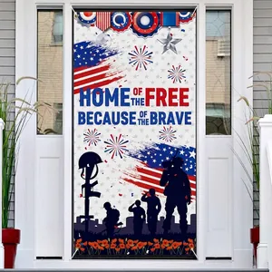 Close-up of a patriotic US Independence Day porch banner hanging on a white front door