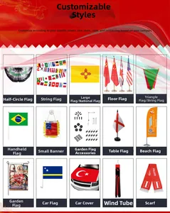 Variety of decorative flag styles including hand-held, car, and garden flags