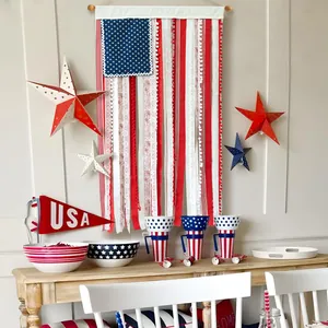 USA Independence Day Stars and Stripes Banner Patriotic Fabric Tassel Garland LED Light Strip For 4th Of July Party Decor