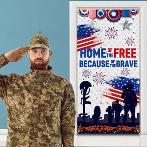 USA Independence Day porch banner with patriotic soldier silhouettes and Home of the Free slogan