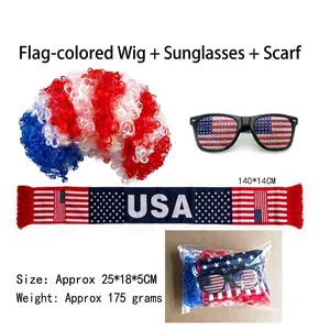 USA flag fan set with red white blue afro wig sunglasses and scarf for soccer games