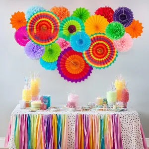 Vibrant 33-piece Mexican Fiesta party decoration set with colorful paper fans and pom-poms