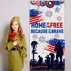 Patriotic US Independence Day vertical door banner with soldier silhouettes decor