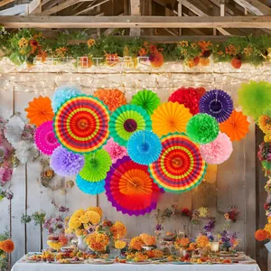 33pcs Mexican Fiesta party decorations set with colorful paper fans and pompoms.