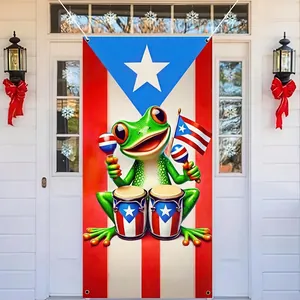 Festive Puerto Rican flag door banner with cartoon frog playing drums for party decor