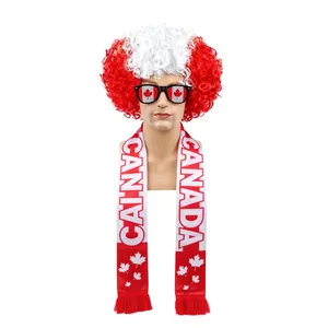 Canada flag theme fan accessory set with red and white afro wig and printed scarf