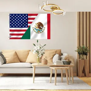 Vue détaillée du drapeau hybride USA et Mexique 3x5ft accroché dans une chambre