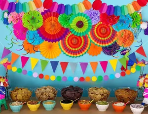 Vibrant Mexican Fiesta party decoration set featuring paper fans, banners, and garlands.
