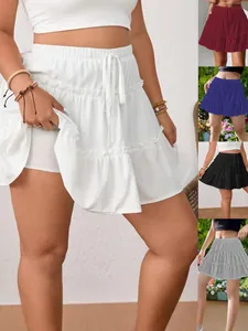 Women's Plus Size Tiered Cake Skirt Summer Sweet Drawstring Skort With Built-in Shorts Patchwork Chenille Mini Skirt