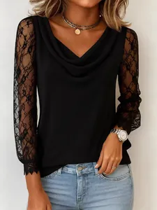Haut pour Femmes avec Col Bénitier et Patchwork de Dentelle Manches 3/4 T-Shirt en Polyester Couleur Unie Élégant Printemps