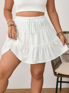 Elegant white tiered ruffle cake mini skirt with adjustable drawstring waist for women