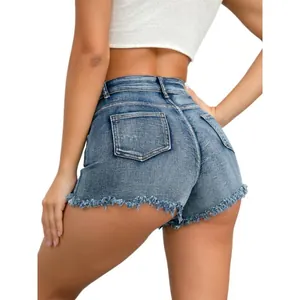 Pantaloncini in denim blu a vita alta con orlo sfrangiato per donna