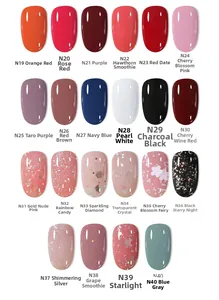 Comprehensive color swatch chart for water-based nail polish with glitter and matte finishes.
