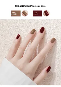 Detail showing khaki and deep purple shades of peelable water-based nail polish