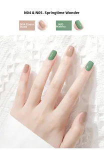 Close-up of gloss finish peelable nail polish in N04 nude and N05 matcha green