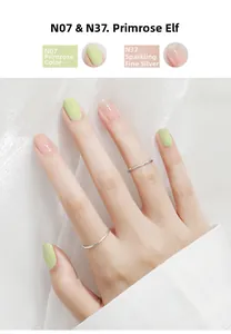 Model showcasing peelable water-based nail polish in Primrose Green and Silver glitter