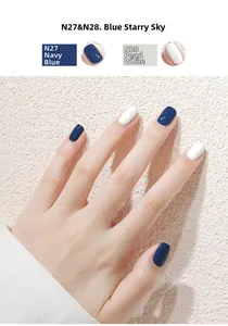 Macro detail view of navy blue and white glossy water-based nail polish on hand