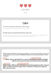 Detailed water-based nail polish usage instructions and FAQ informational guide card