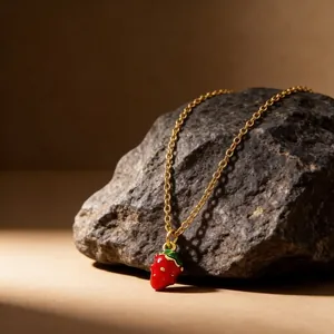 Close-up of a sweet red enamel strawberry pendant on a gold stainless steel chain