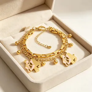 Gold double-layer stainless steel bracelet with mother and child charms in gift box