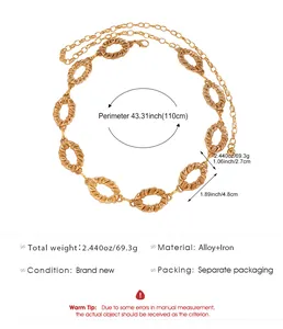 Detailed dimensions and material info for a textured oval link gold chain belt.