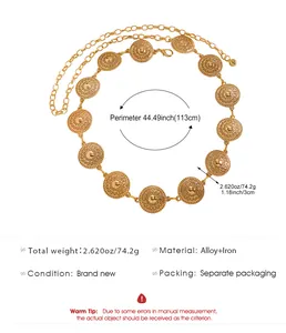 Detail view of gold ethnic waist chain showing size, material, and weight specifications.