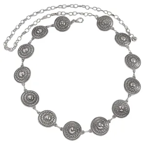 Vintage silver bohemian waist chain belt with intricate medallion details for dresses