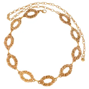 Elegant gold metal chain belt for women featuring textured oval links perfect for dresses