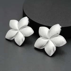 Close-up detail of textured silver flower earrings with elegant ribbed petal patterns