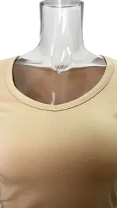 Close-up of tan slim-fit T-shirt neckline on a transparent mannequin.
