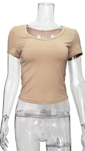 Detailed view of a khaki Y2K slim-fit short-sleeved T-shirt on mannequin