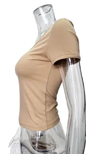 Side view detail of a stylish khaki slim-fit V-neck short-sleeved T-shirt for women.