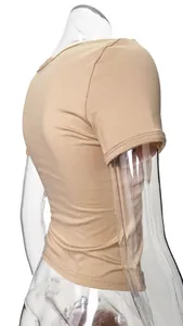 Detailed side view of a slim fit nude Y2K short sleeve V-neck T-shirt for women